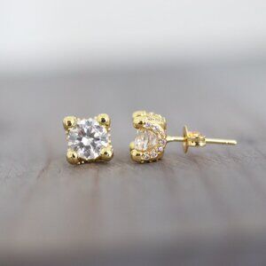 S925 2cttw Clear Diamond AAAAA CZ 4-Prong Stud Earrings 18K Gold Plated/Silver
